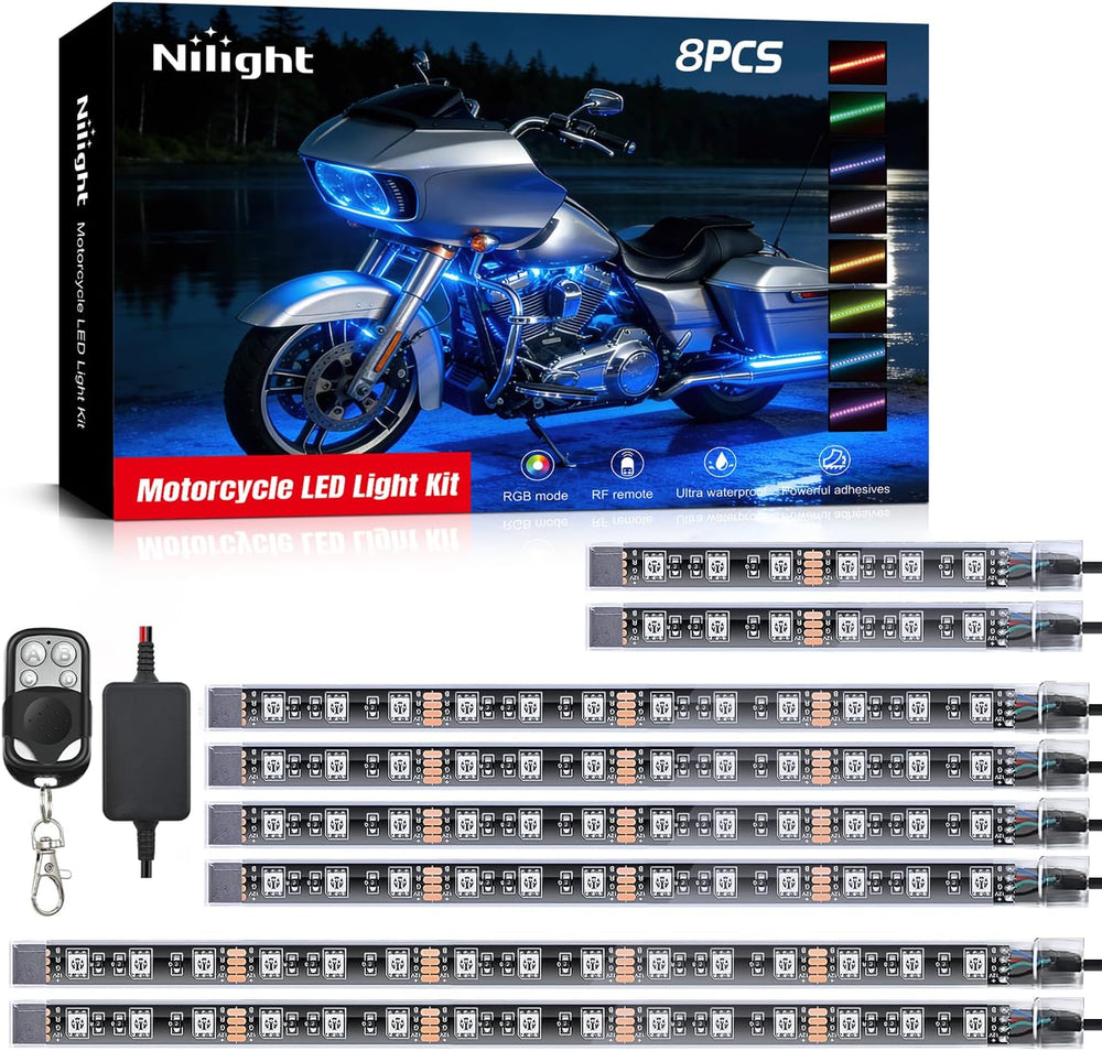 Nilight 8PCS Motorcycle RGB Led Light Kit Waterproof Multi-Color Atmosphere L...