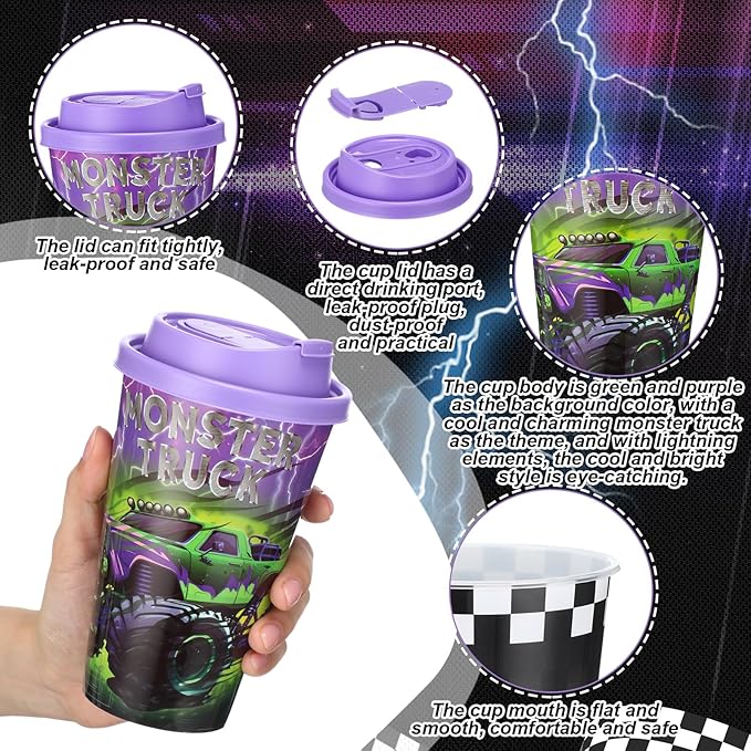 Yungyan 24 Sets Green Purple Monster Truck Party Favors Goodie Cups with Lids...