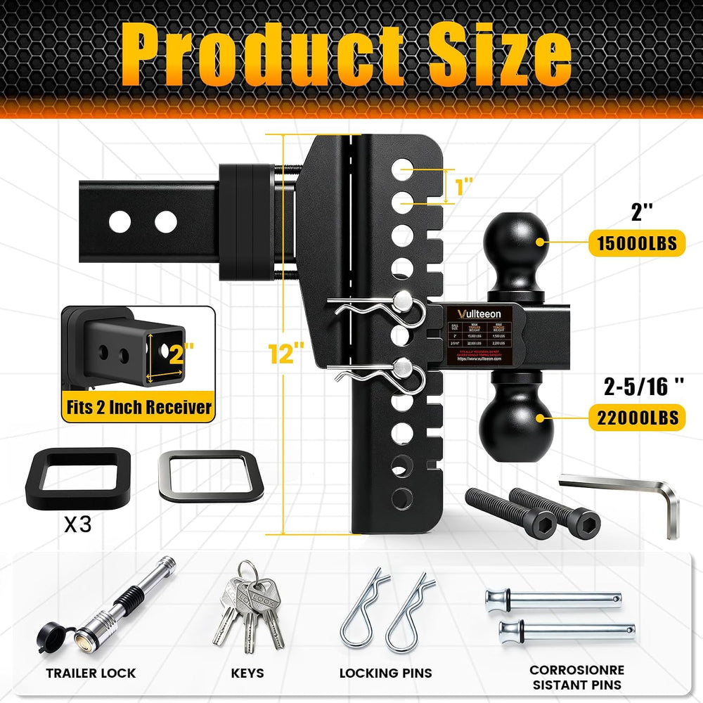 Adjustable Trailer Hitch Fit 2 Inch Receiver, 8in Rise/Drop hitch