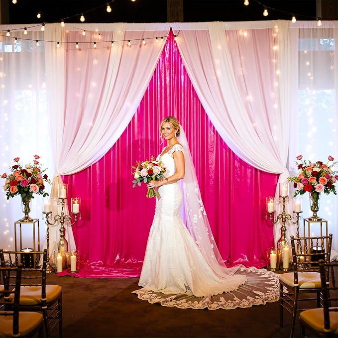 10x10ft Shimmer Hot Pink Sequin Backdrop Curtain for Parties, Thick Wrinkle F...