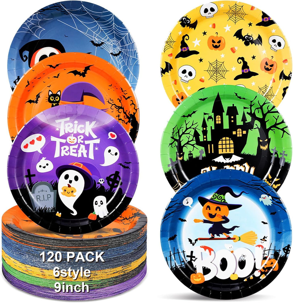 Uiifan 120 Pieces Halloween Round Paper Plates, 9 Inches