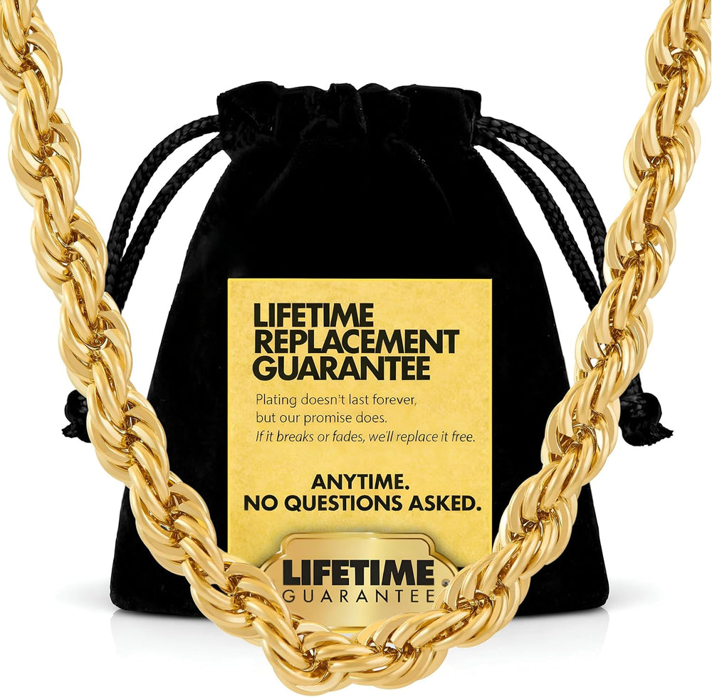 LIFETIME JEWELRY 7mm Gold Rope Chain for Men Women - Diamond Cut 24k Real Gol...