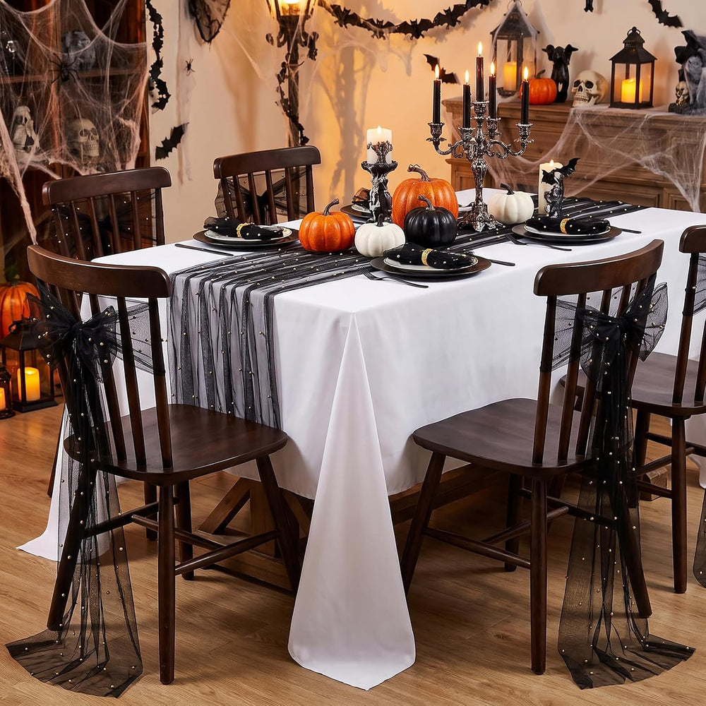 Pearl Gauze Tulle Table Runner Black Halloween 120 Inch 10FT Sheer Dining
