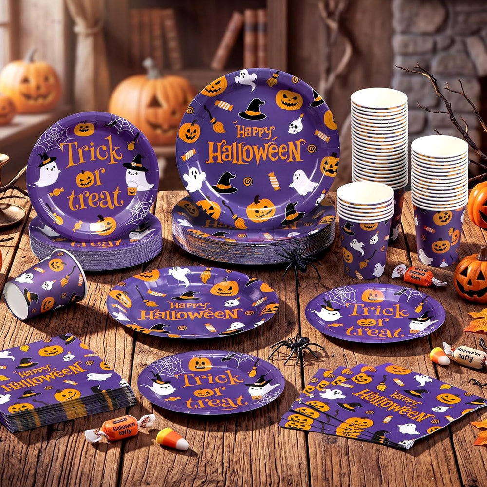 250 Pcs Halloween Party Supplies, Paper Plates Napkins and Cups, Purple