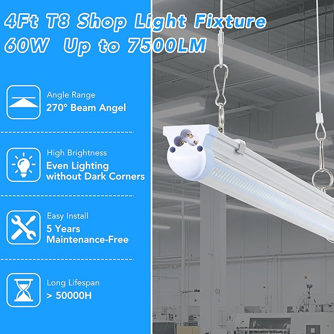 T8 LED Shop Lights 4FT, 4 Pack 60W 9600LM 6000K Daylight White, Linkable