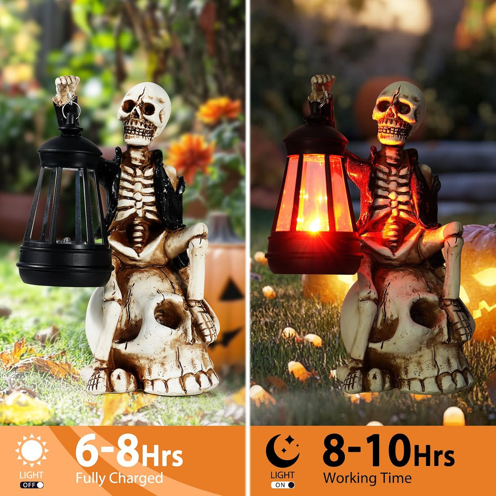 Solar Halloween Decorations Outdoor, Skeleton Figurine on Skull Statue