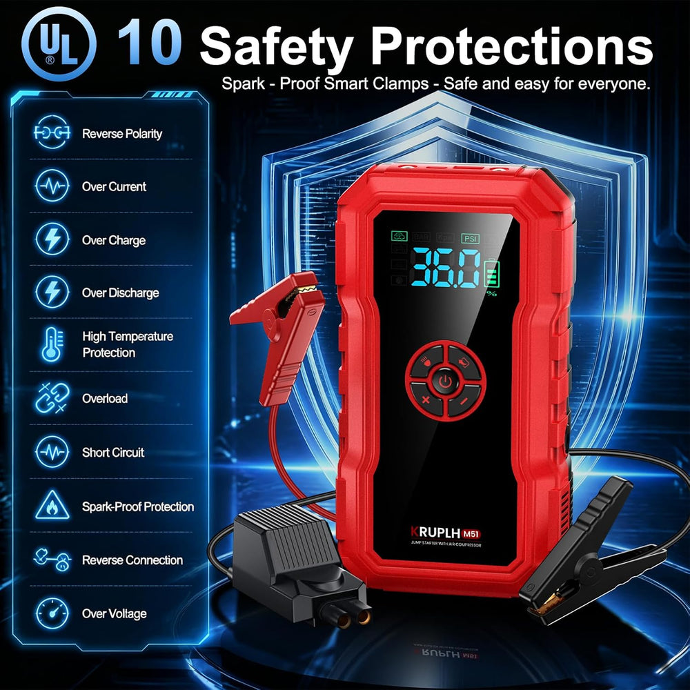 Portable Car Battery Jump Starter with Air Compressor - 9000A 150PSI