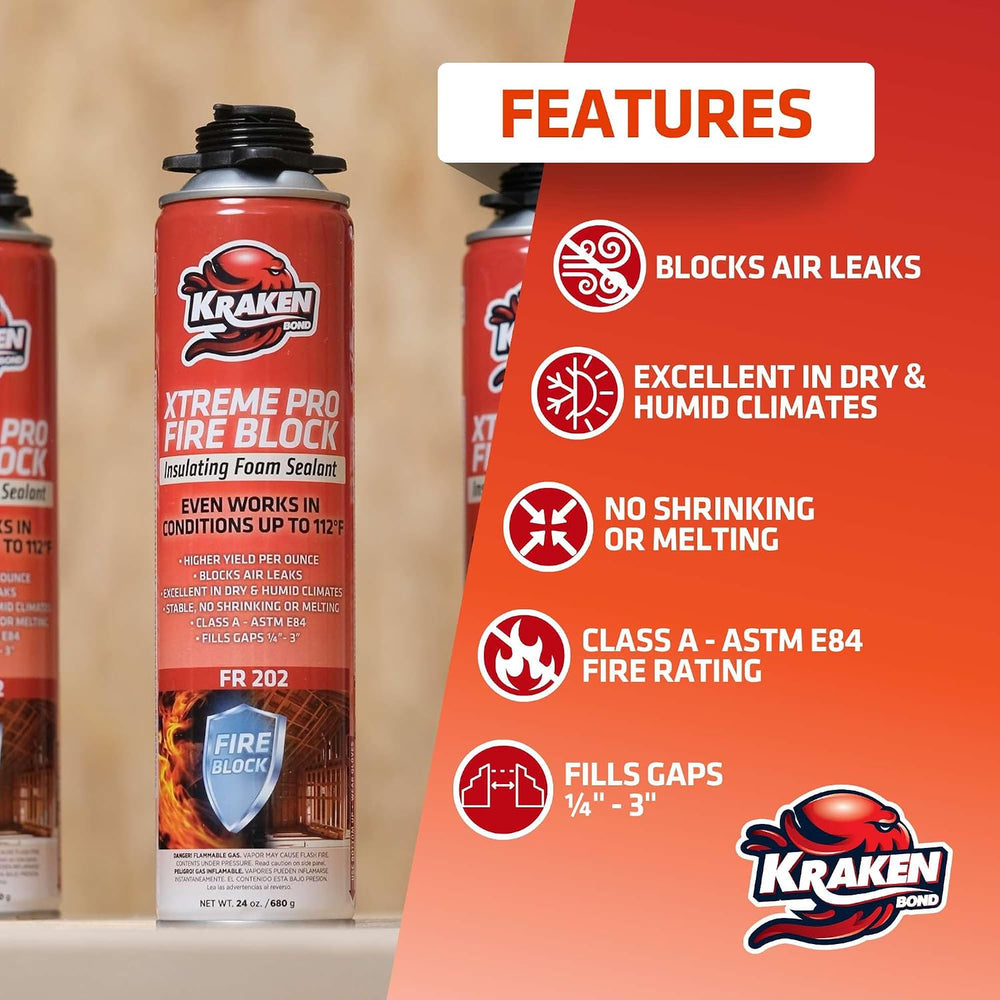 Kraken Bond Xtreme Pro Fire Block Expanding Foam Sealant (12x24oz), Professio...