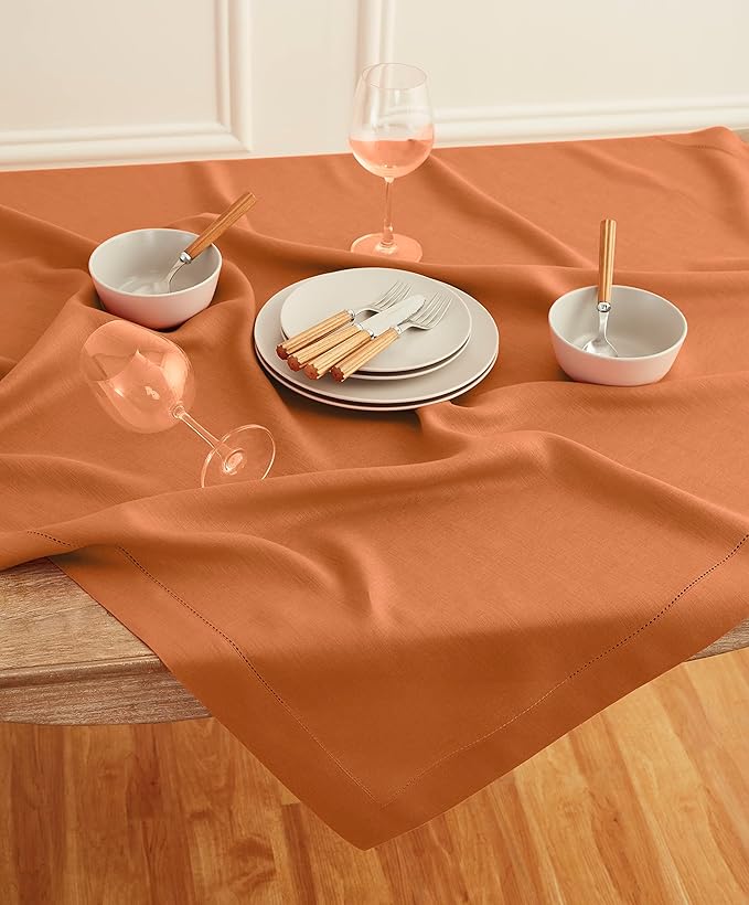 Solino Home Linen Square Tablecloth 52 x 52 Inch - 100% Pure Linen Pumpkin Ta...