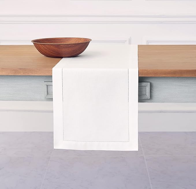 Solino Home White Table Runner 60 Inches - Cotton Linen Hemstitch Coffee Tabl...