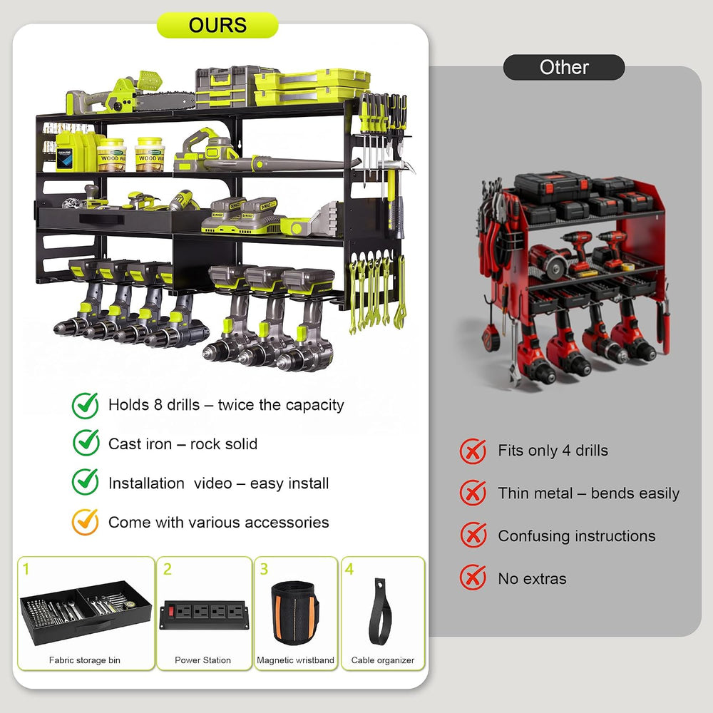 Large Power Tool Organizer Wall Mount with Charging Station, Black