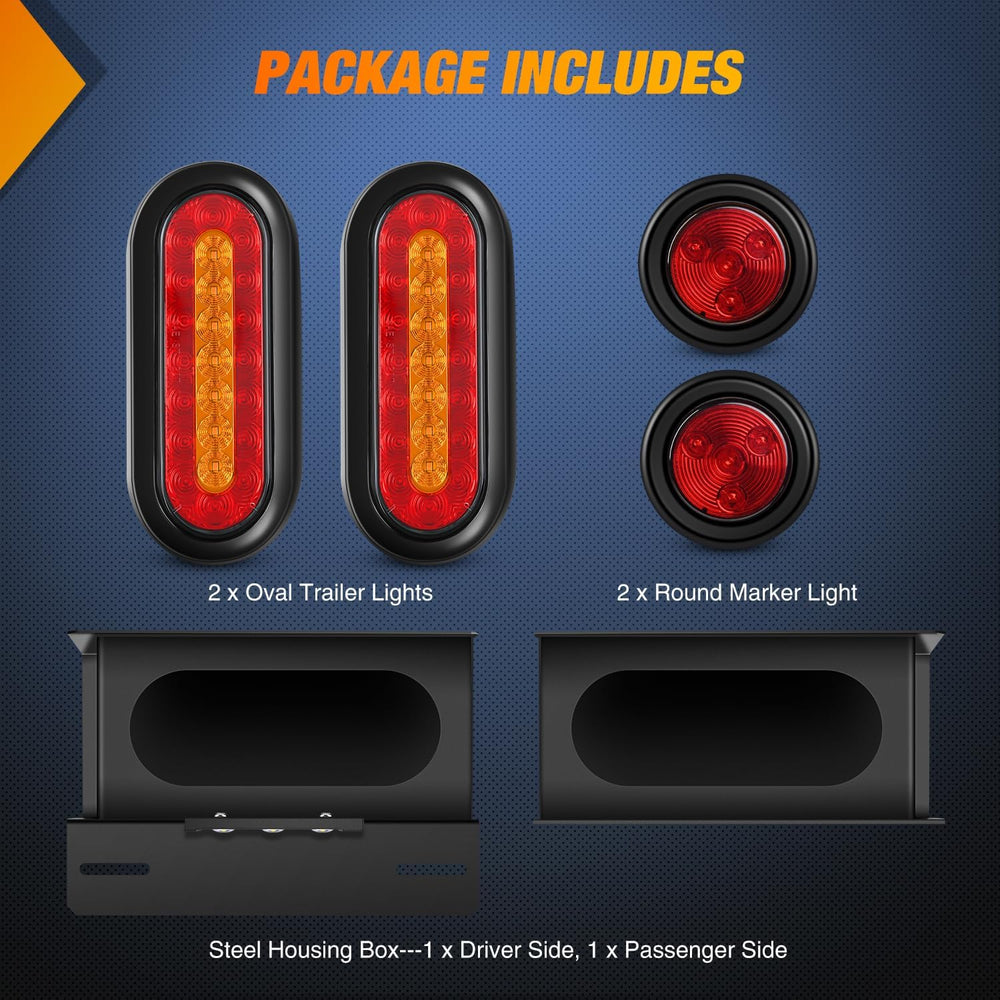 Nilight Steel Trailer Light Boxes Kit w/Oval Tailight Round Marker Lamp