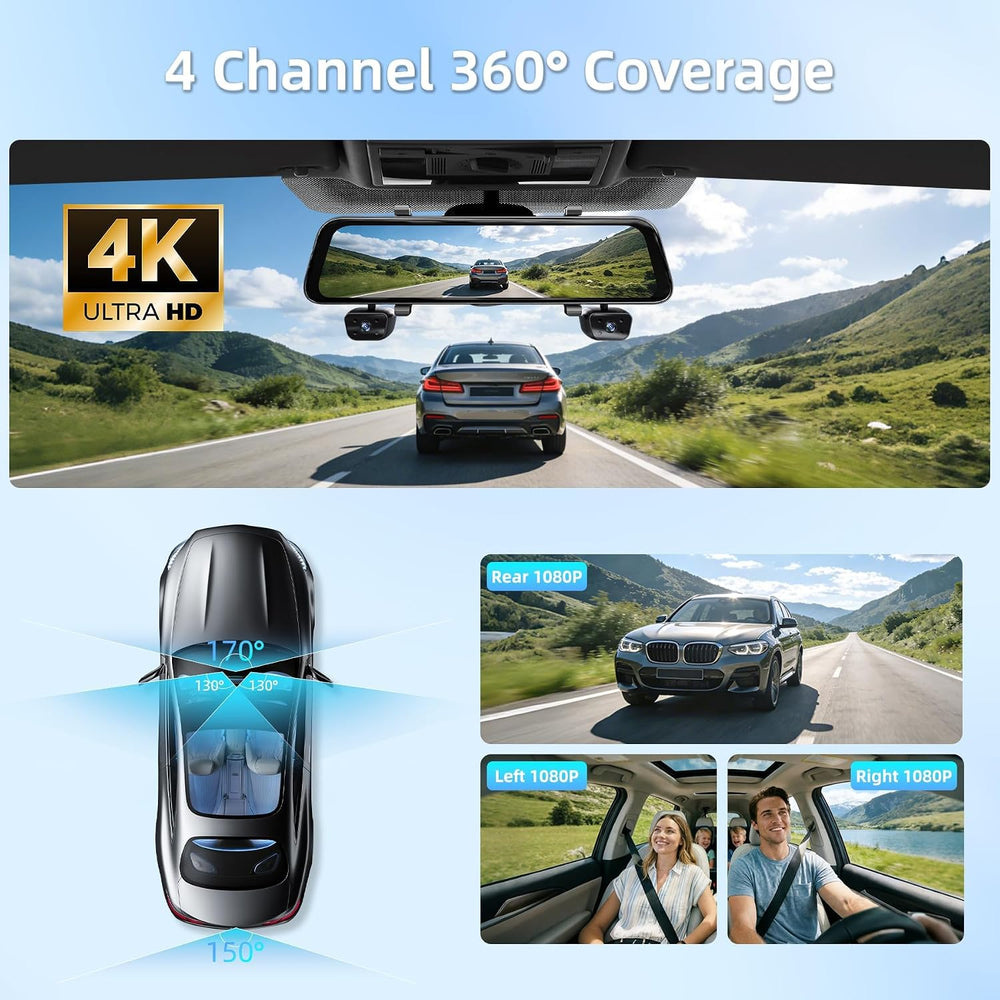 12'' Rear View Mirror Camera,4 Channel Mirror Dash Cam 4K+3x1080P,Das...