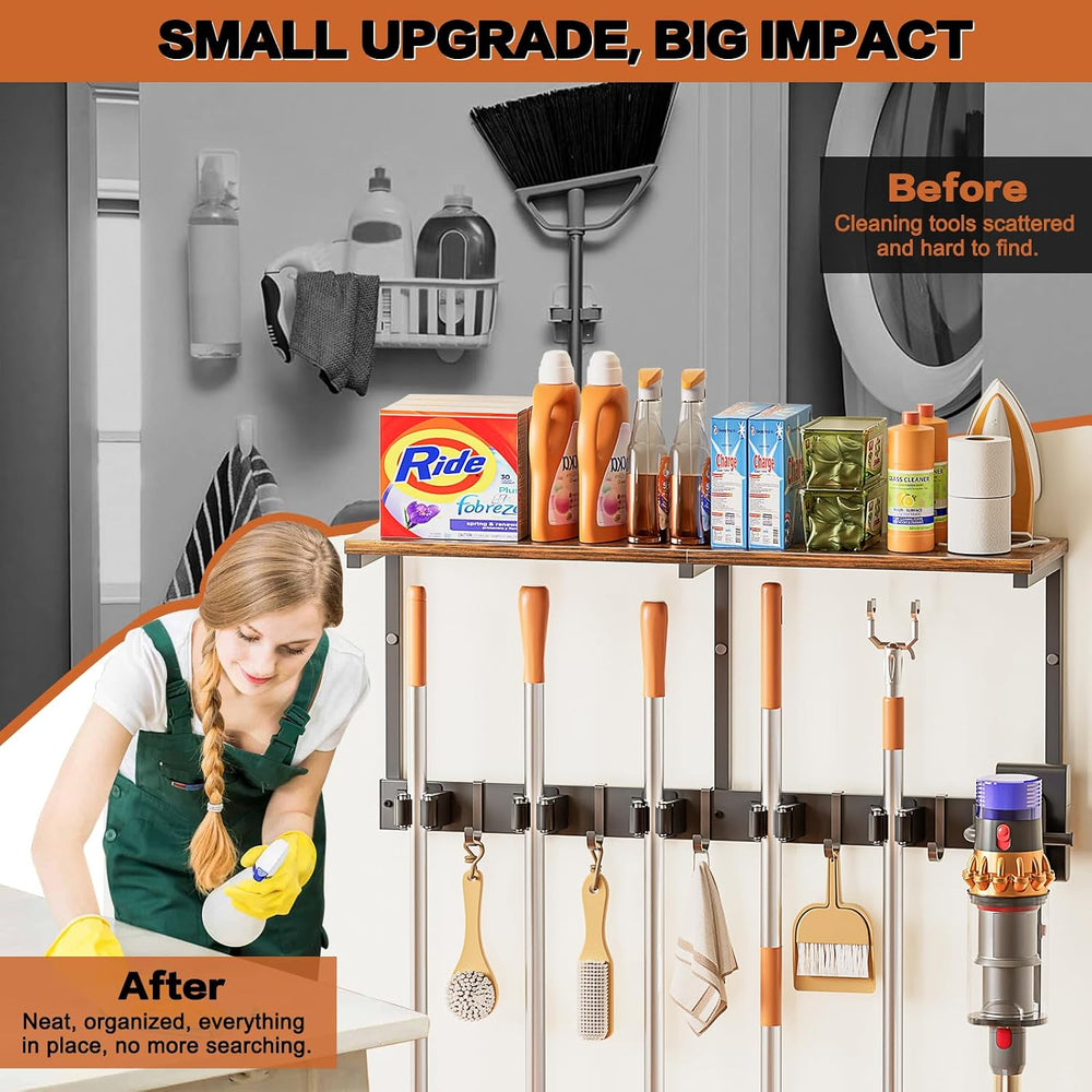 Broom Holder Wall Mount with Cleaning Supplies Organizer, Laundry Room Organi...