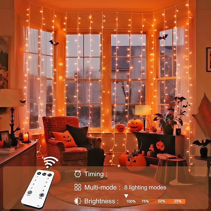 JMEXSUSS 300LED Orange Halloween Lights with Remote, 9.8x9.8ft Halloween Curt...