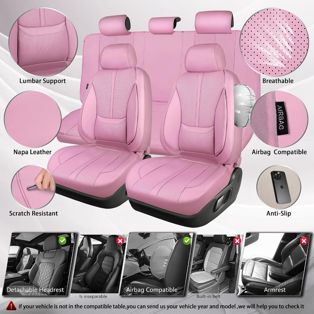 CAR PASS Pink Leather Seat Covers Full Set, Water Resistant 3D Foam Faux Leat...