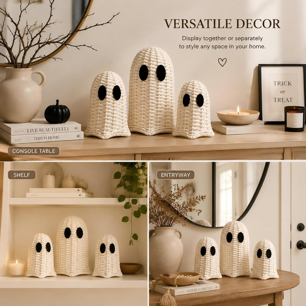 Geelin White 3 Pcs Halloween Rattan Wicker Ghosts Decoration Cute Farmhouse G...