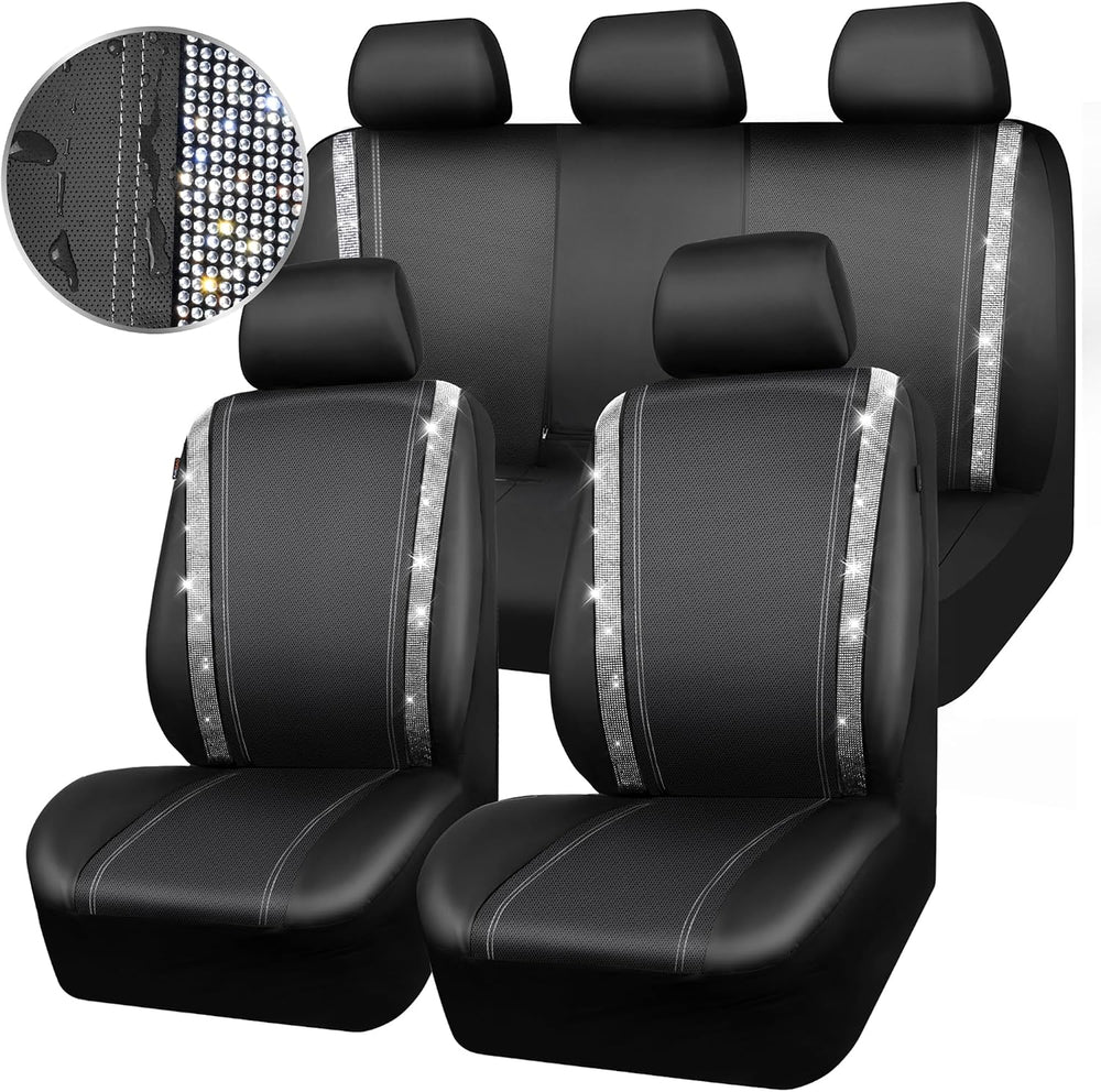 CAR PASS Bling Diamond Car Seat Covers Full Set, Shining Rhinestone Waterproo...