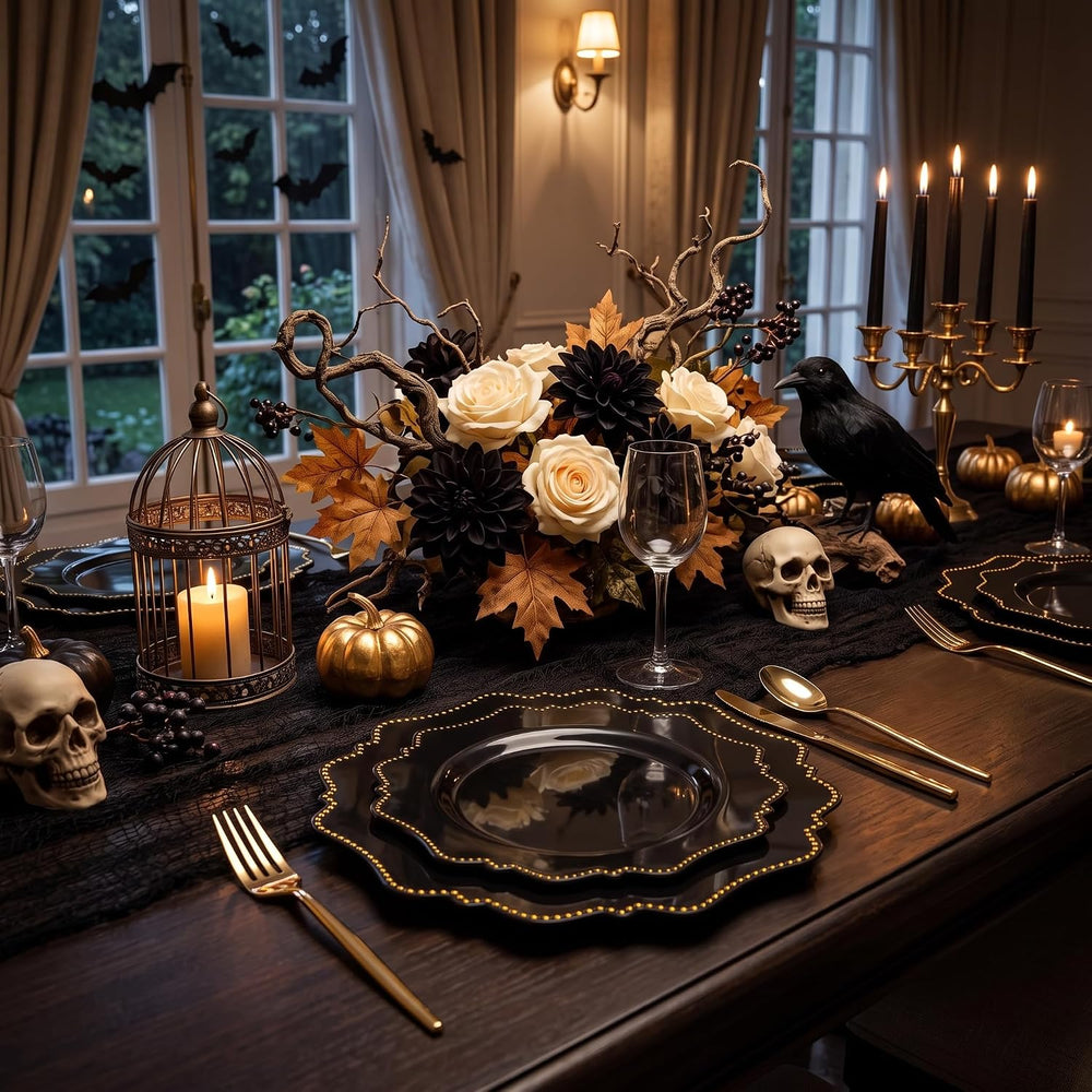 COLOSUS 60PCS Black Plastic Plates, Elegant Disposable Plates for Halloween