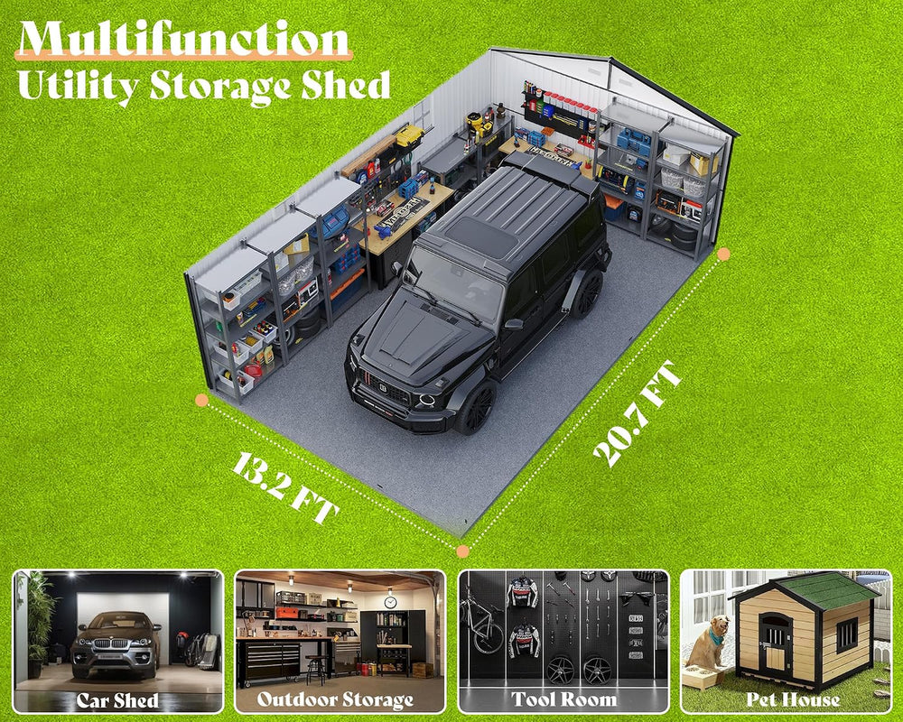 AMERLIFE 13x21x8 FT Garage Shed with 3 Lockable Doors & Reinforced Fram