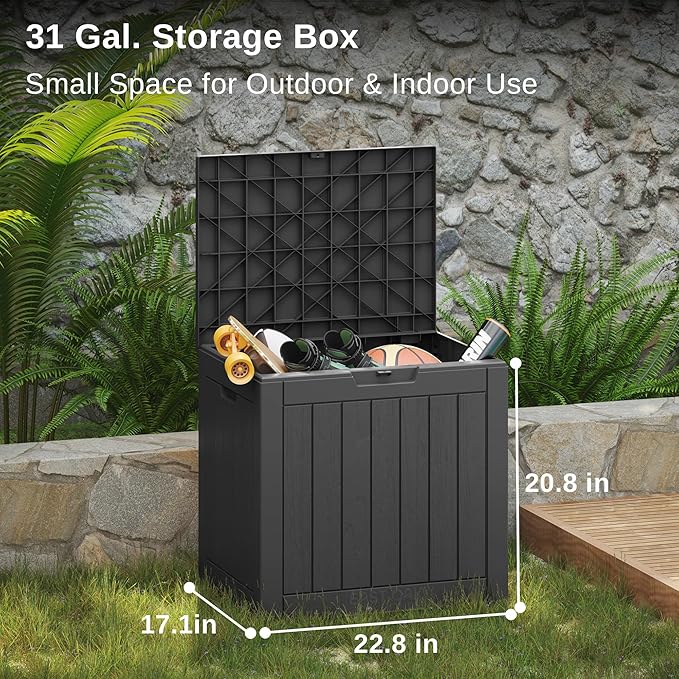 EAST OAK Outdoor Storage Box, 31 Gallon Deck Box, Waterproof Resin Storage Bin
