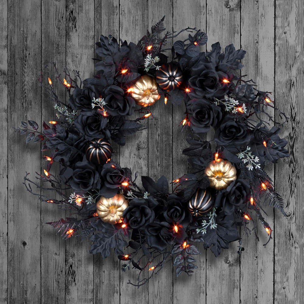 National Tree Company, 24inch Artificial Chic Eek Black and Gold Halloween Wr...