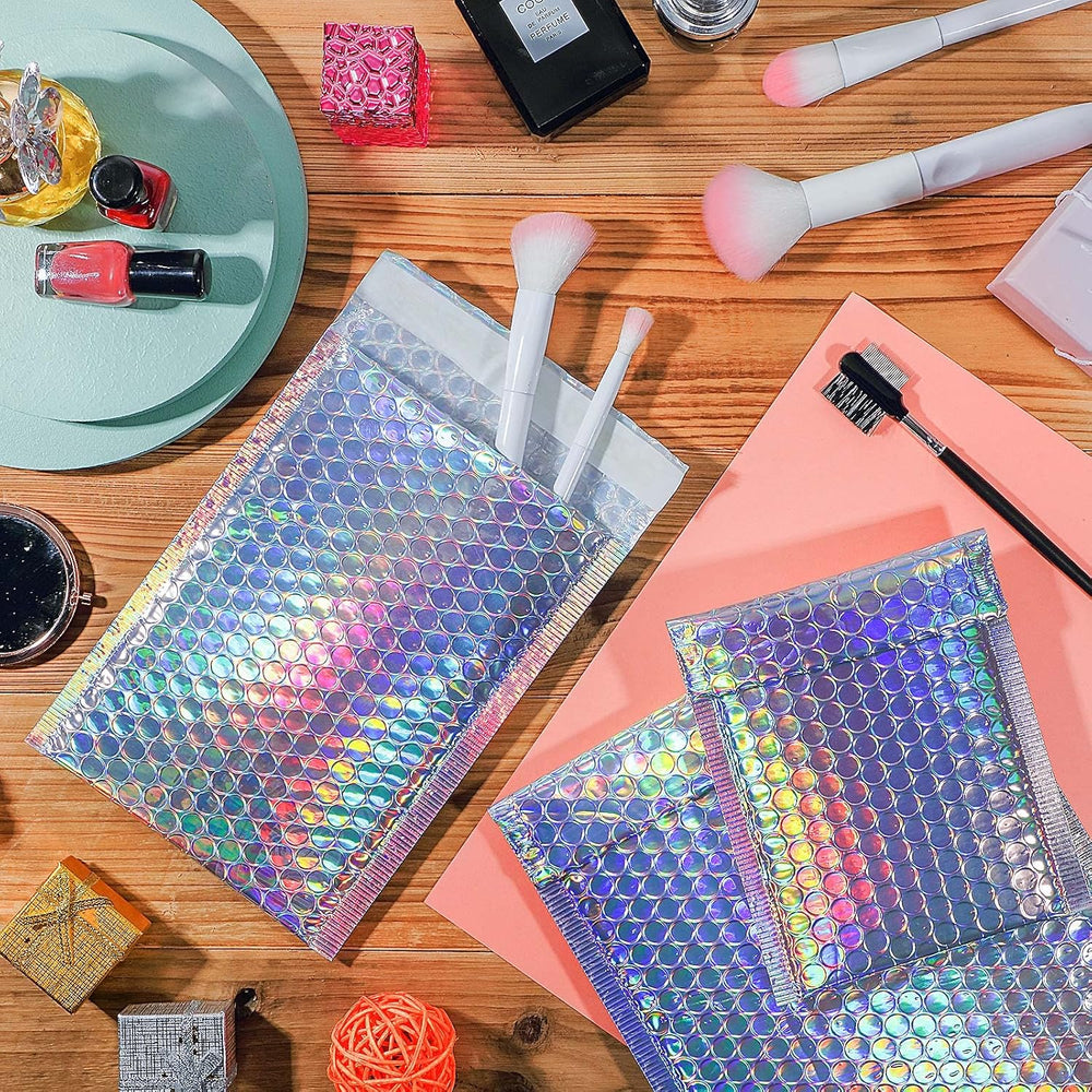 100 Pack Metallic Bubble Mailers 3 Sizes Holographic Padded Bubble Rainbow Po...