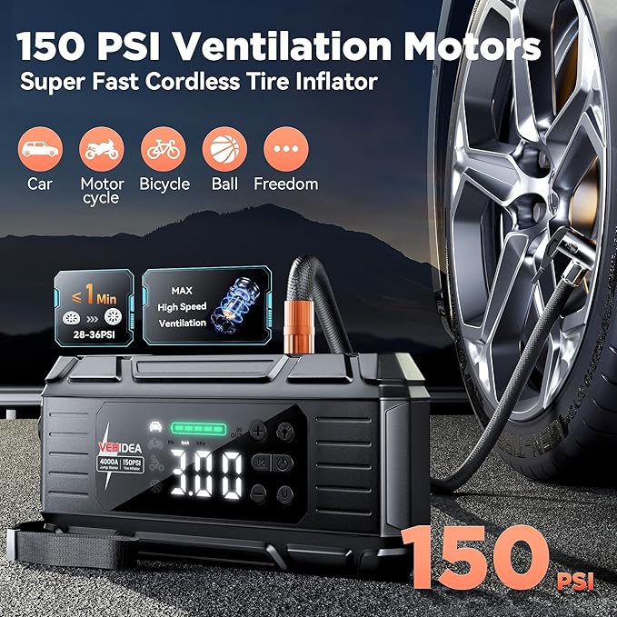 Jump Starter with Air Compressor: 4000A 150PSI Car Battery Charger - 65W Tire