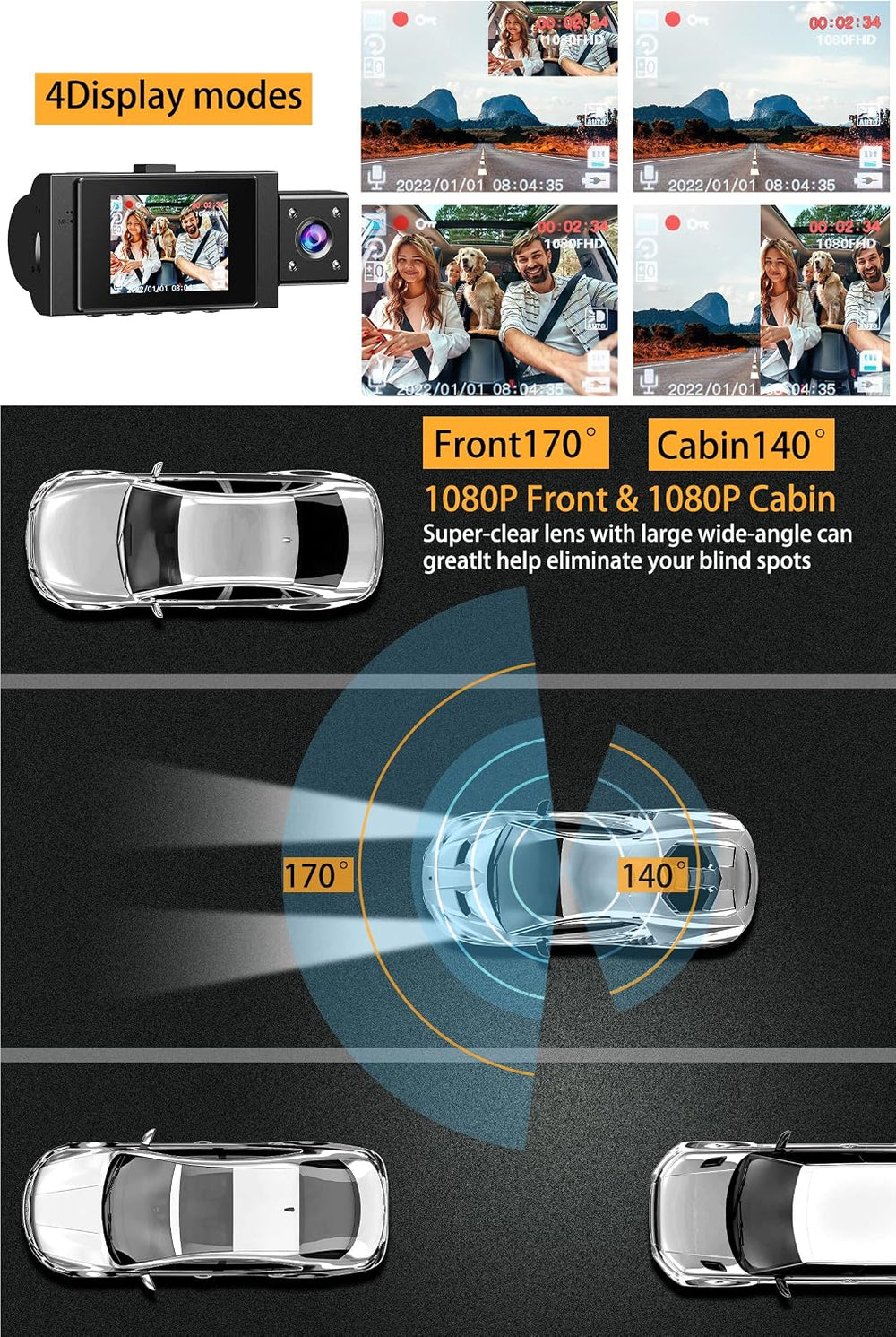 Dual Dash Cam Front and Inside, 1080P Car Camera with Infrared Night Vision
