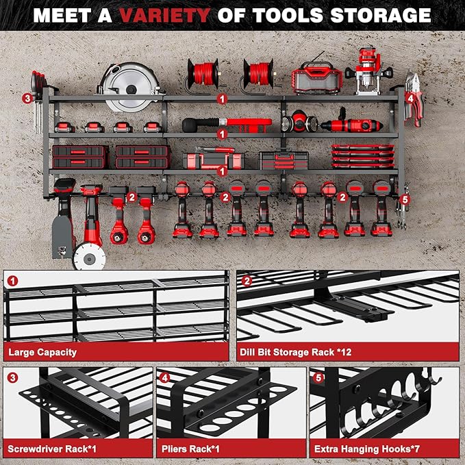 48" Large Power Tools Organizer Wall Mount, 12 Drill Holder