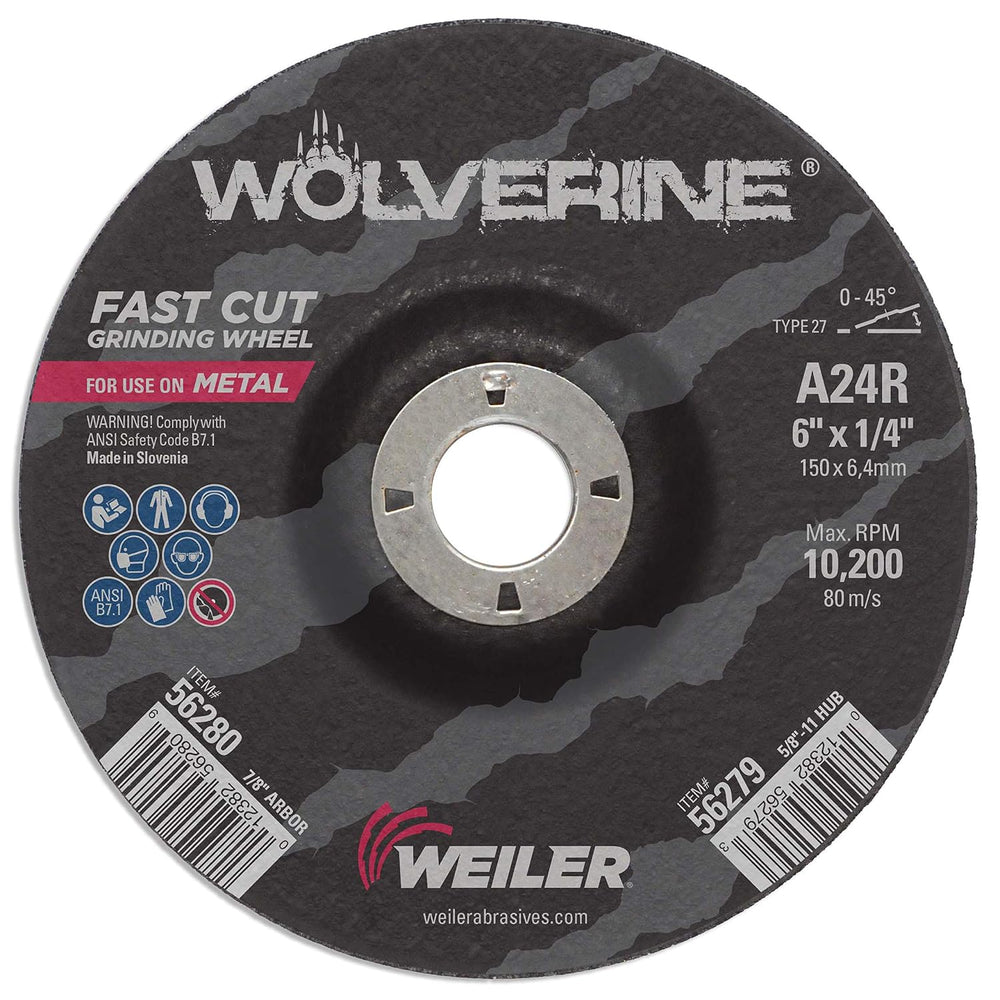 Weiler 56280 6" X 1/4" Wolverine Type 27 Grinding Wheel, A24R, 7/8&...