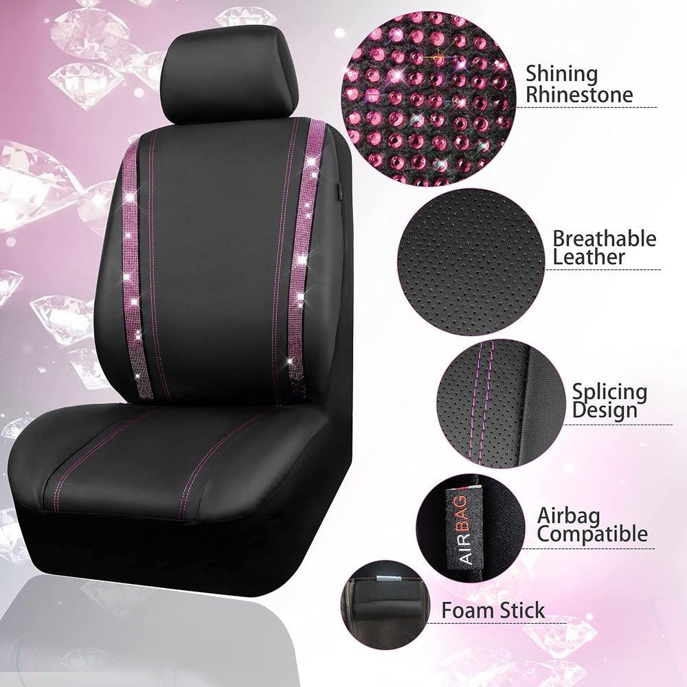 CAR PASS Leather Bling Diamond Car Seat Covers 2 Front Interior Sets, Waterpr...