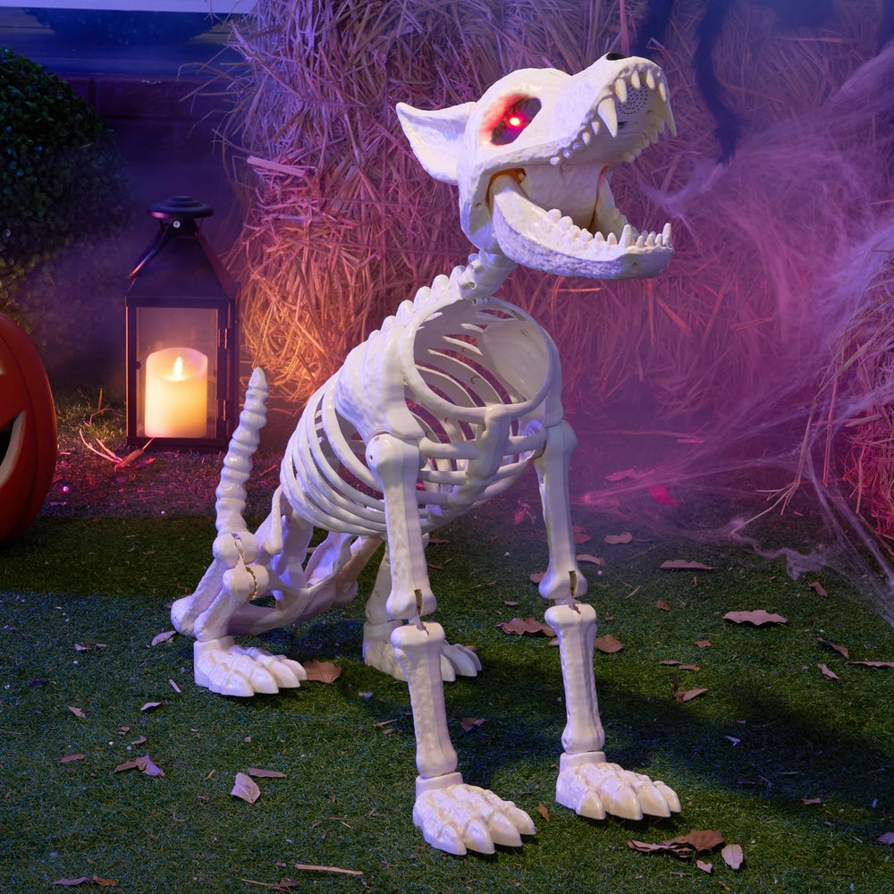 JOYIN Howling Wolf Skeletons Halloween Decorations 34โ Skeleton Dog with Red ...