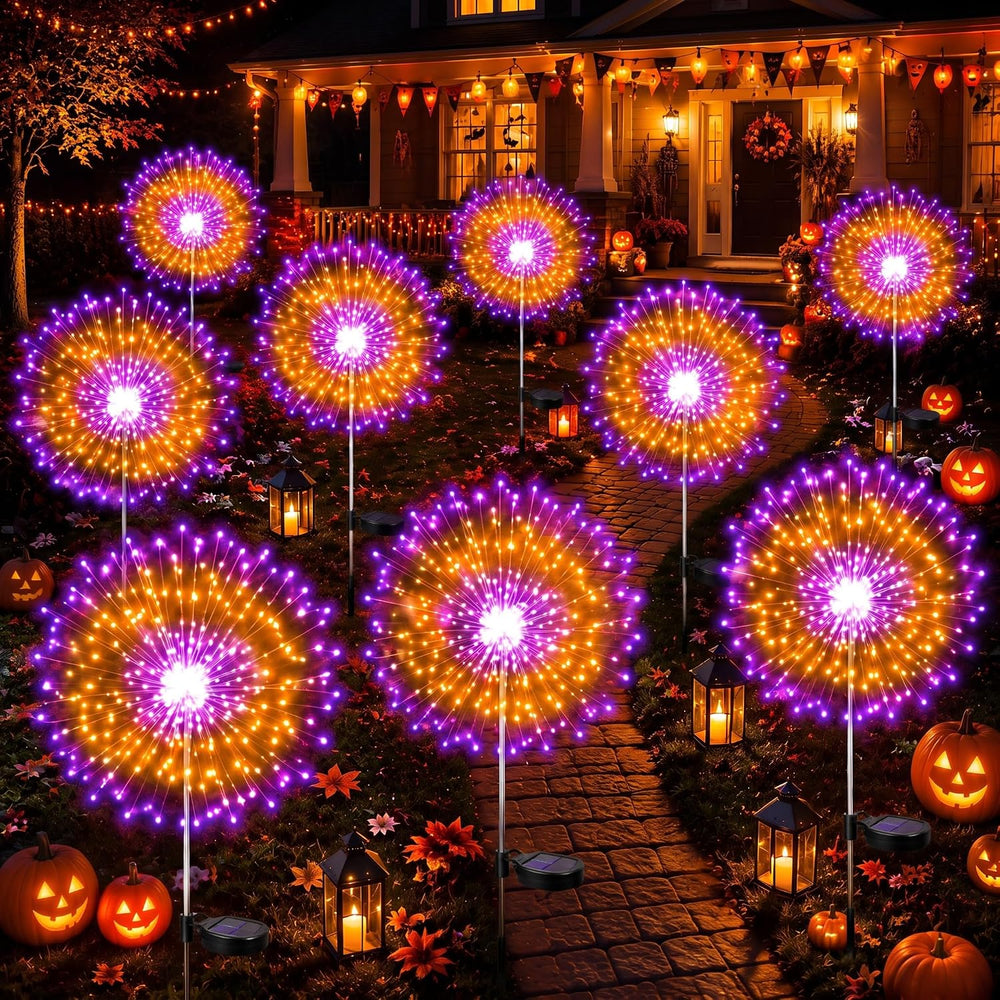 Tujoe 9 Pcs Halloween Solar Firework Lights, Orange Purple Dual