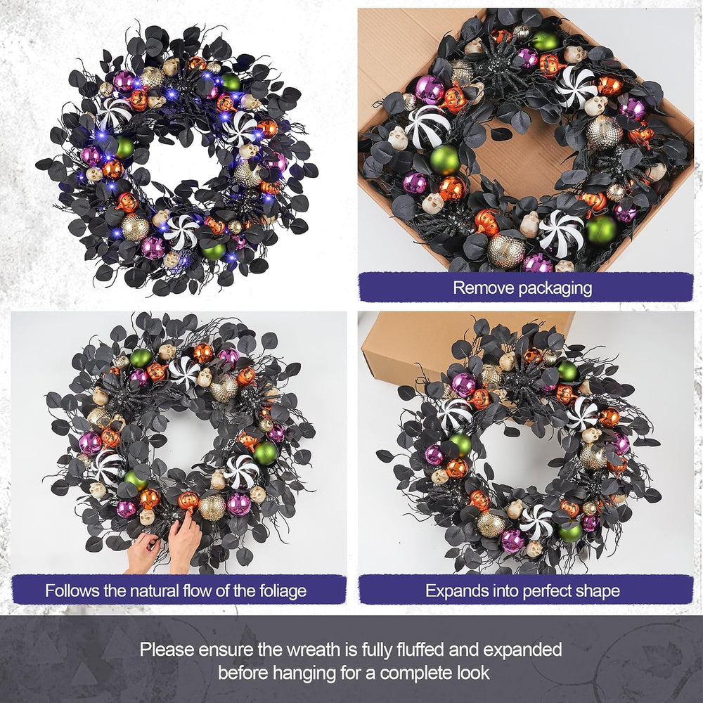 JORNOY 26-Inch Halloween Wreath with Battery Timer - Spider, Balls, Skull
