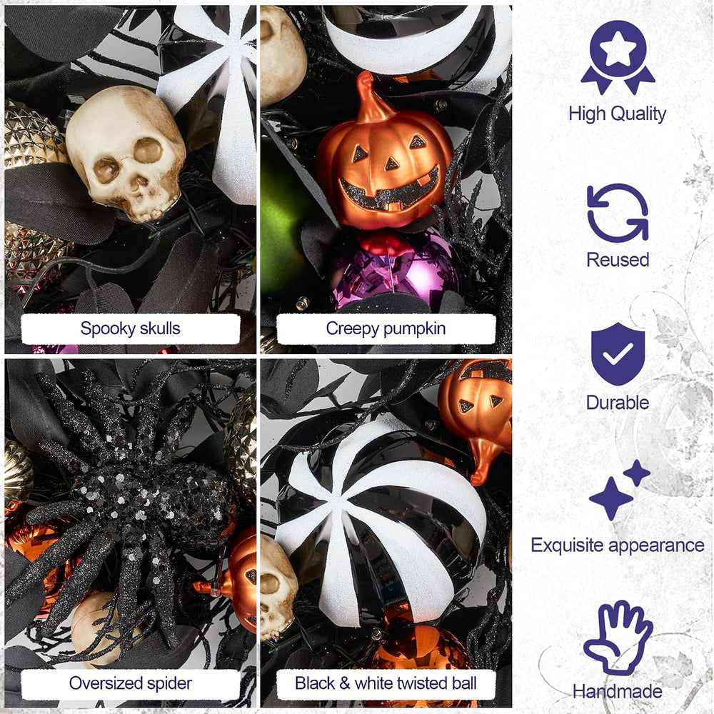 JORNOY 26-Inch Halloween Wreath with Battery Timer - Spider, Balls, Skull
