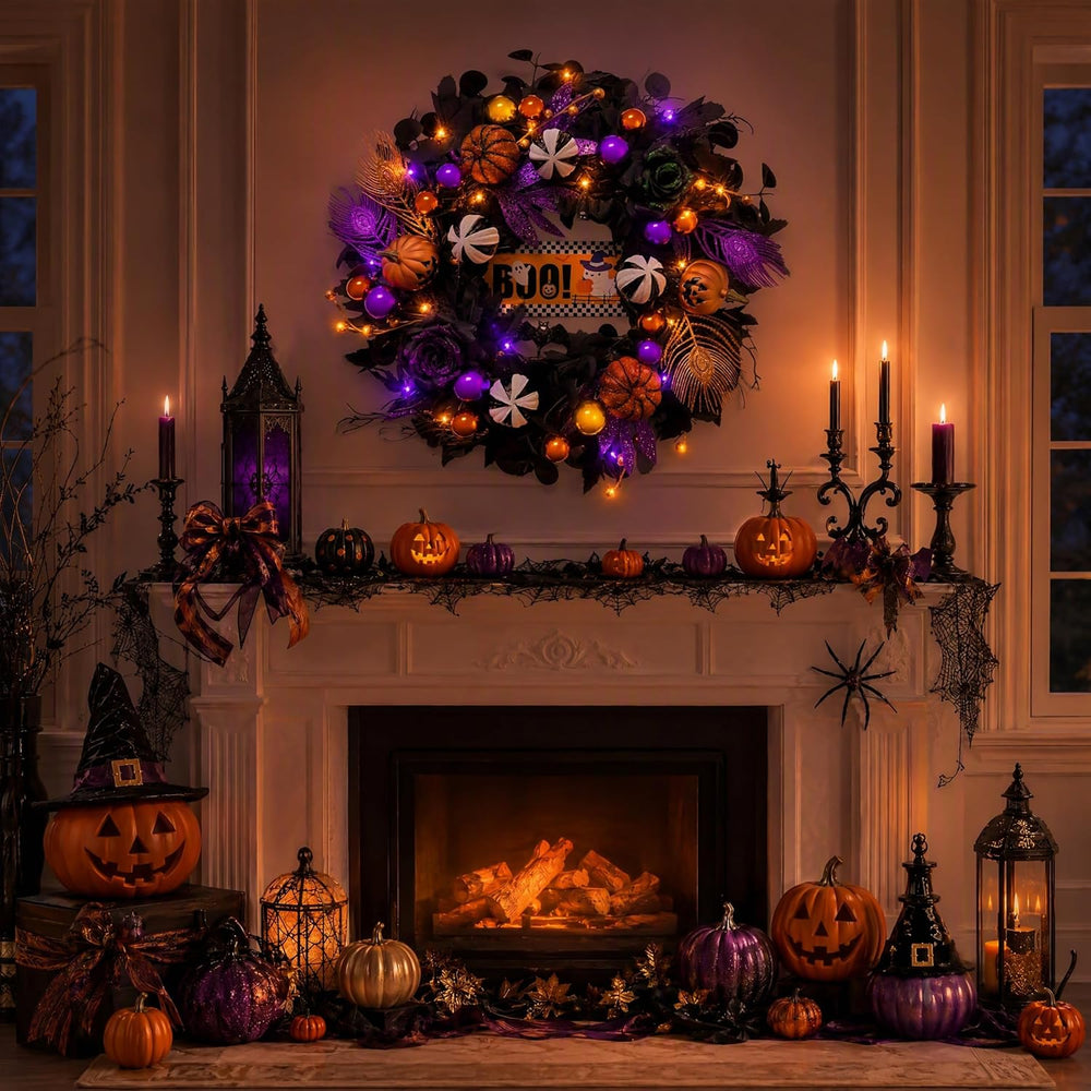 24'' Halloween Wreath for Front Door with Orange Purple Lights