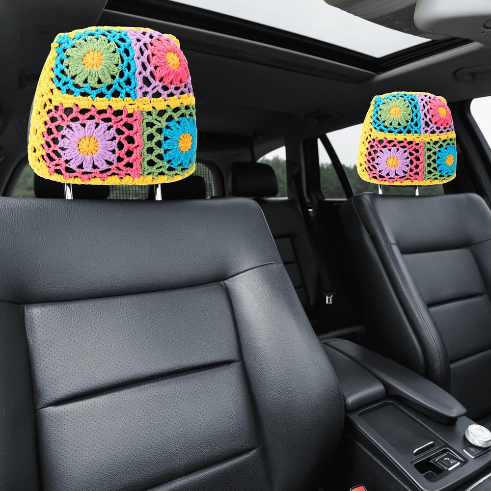 Crochet Seat Headrest Cover, Car Head Rest Protector, Cute Sunflower Car Acce...