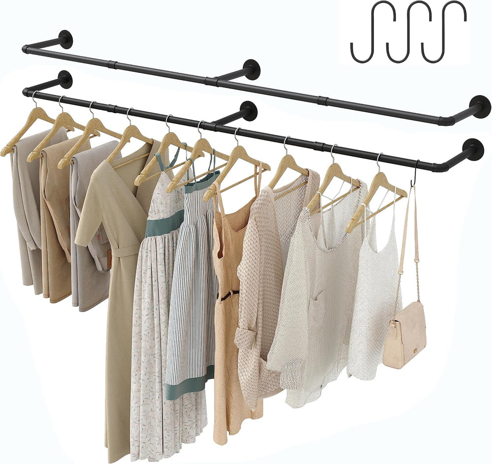 Industrial Pipe Clothes Rack with 3 S-shaped Hooks, 72โ'L Wall Mounted Ga...