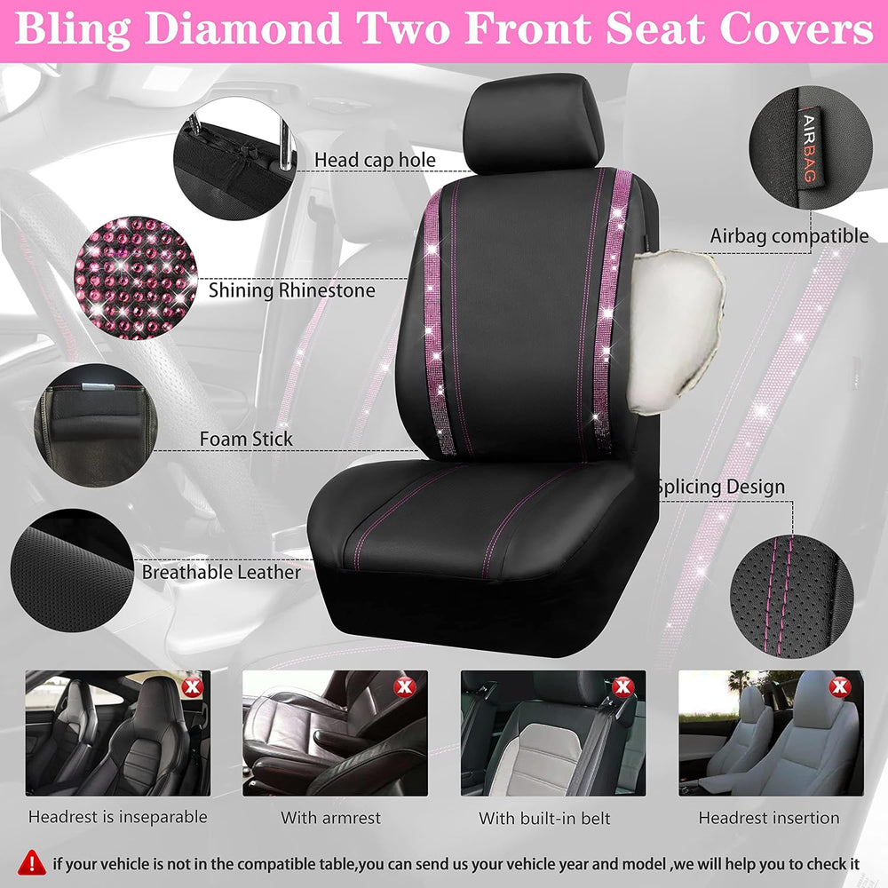CAR PASS Leather Bling Diamond Car Seat Covers 2 Front Interior Sets, Waterpr...