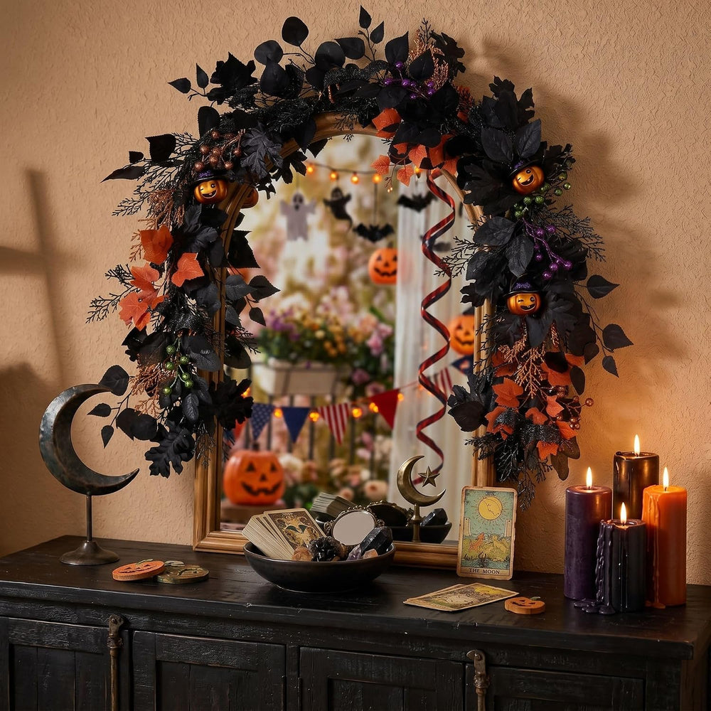 DecorbyHannah 6ft Halloween Garland for Mantle with Lights Pumpkin Decor