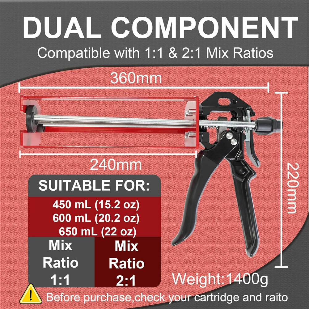Epoxy Gun Dual Cartridge Applicator 450mL/600mL/650mL, Manual 1:1 & 2:1 R...