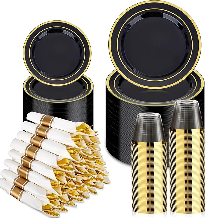 BESTVIP 350PCS Black Gold Dinnerware Set for 50 Guests, Plastic Plates for Ha...