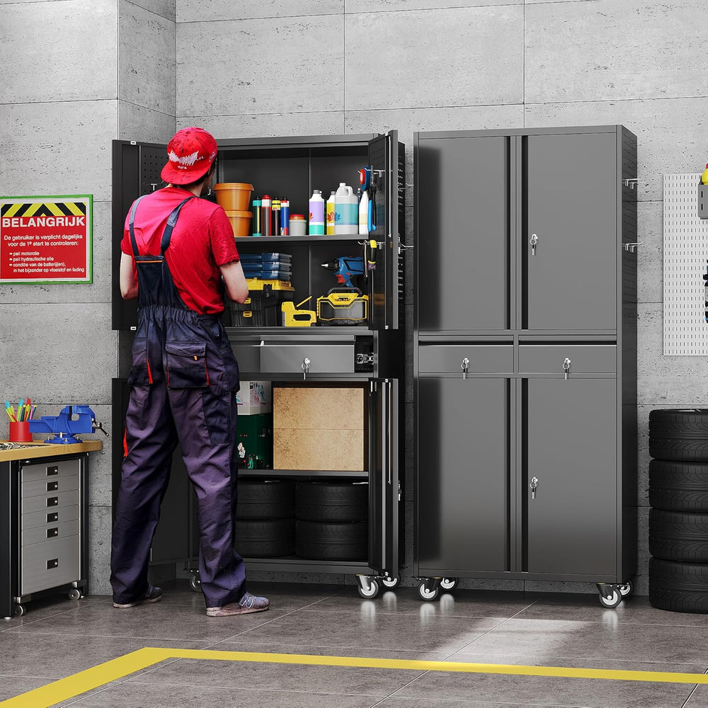 71-Inch Garage Storage Cabinet with 2 Drawers, Wheels and Pegboard
