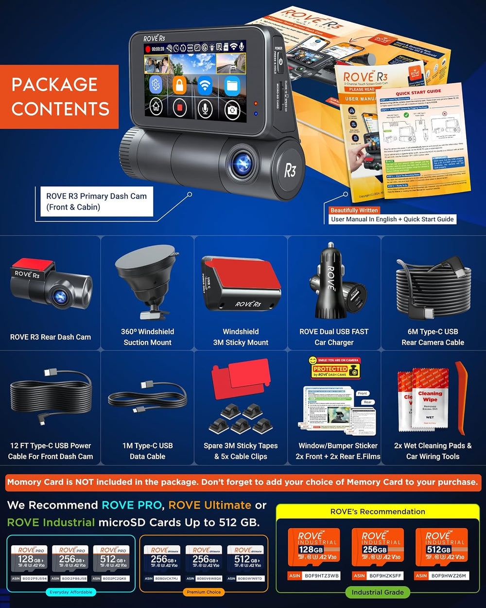 ROVE R3 3 Channel Dash Cam Front and Rear with Cabin, 3in IPS Touch Screen