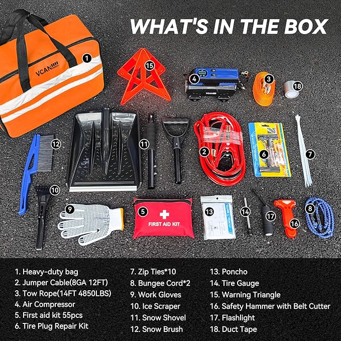 Car Emergency Kit with Portable Air Compressor, Winter Car Safety Roadside