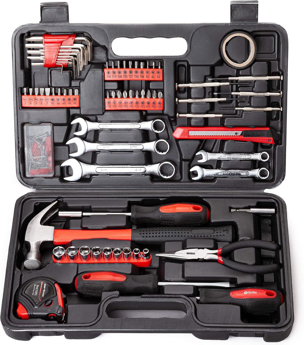 CARTMAN 148-Piece Household Tool Set, Red Tool Kit with Plastic Toolbox