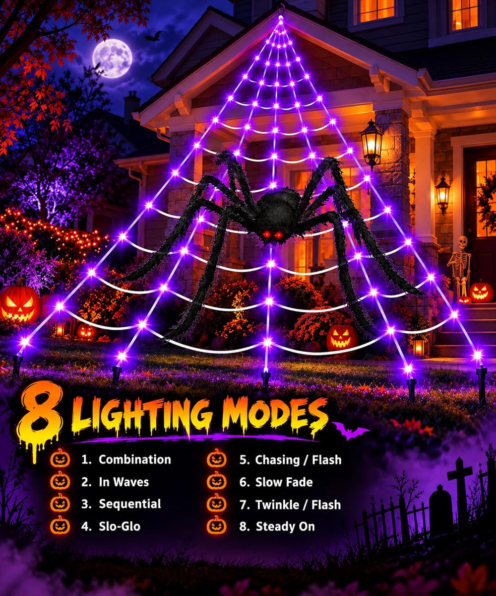 Giant Lighted Spider Web Halloween Decorations, 16.4 FT Web with 250 Purple L...