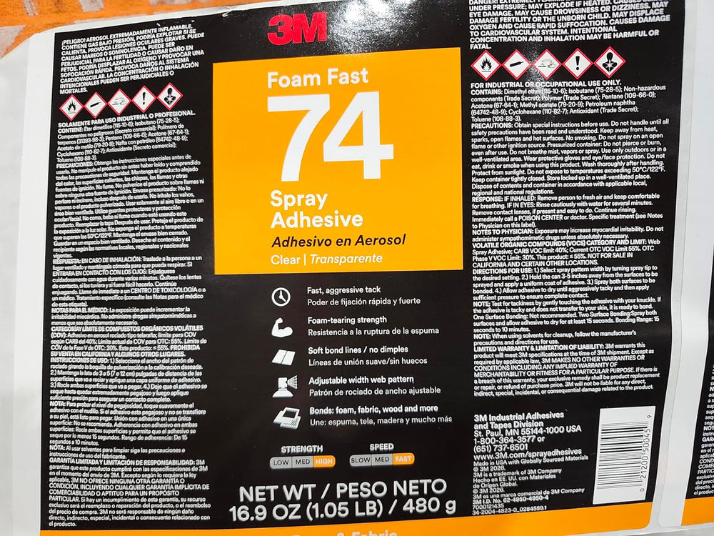 3M Foam Fast Spray Adhesive 74, Clear Color, 24 fl oz Can (Net Wt 16.9 oz)
