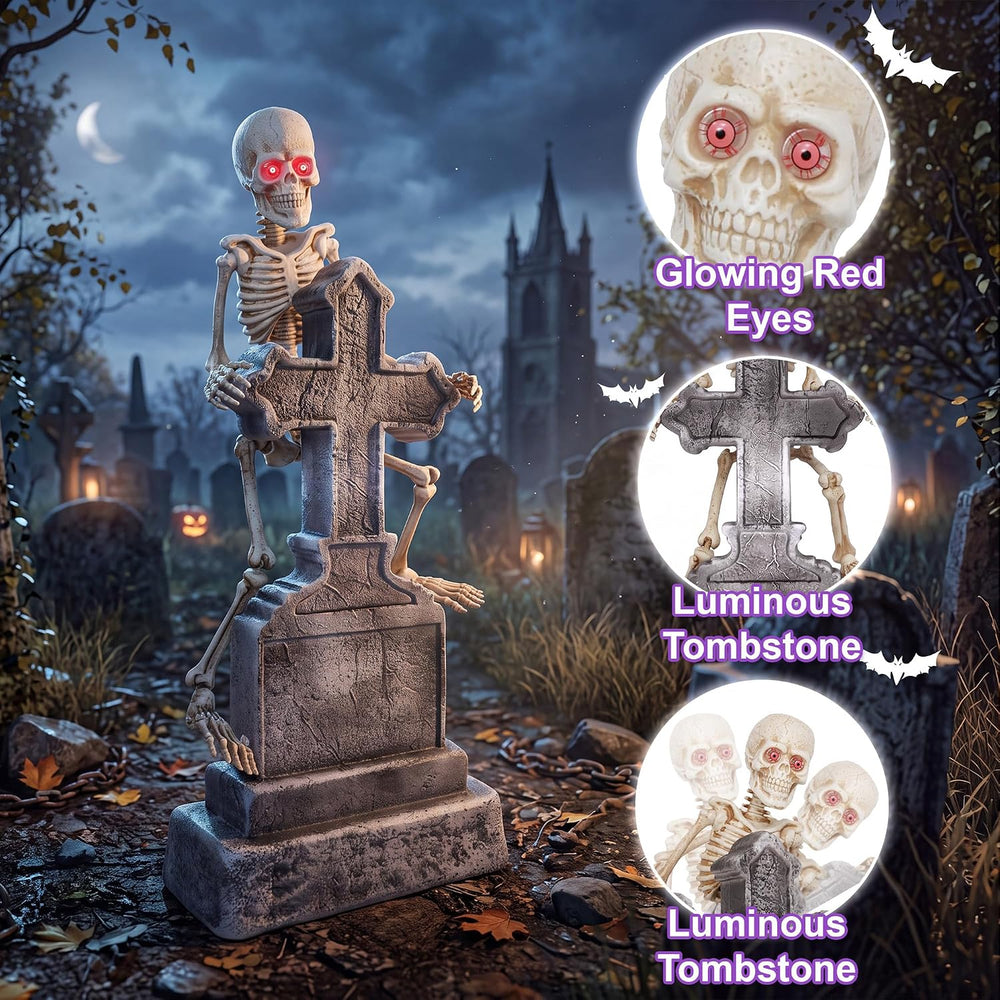 Halloween Animatronic 46in Tombstone, Spooky Scary Skeletons Decoration
